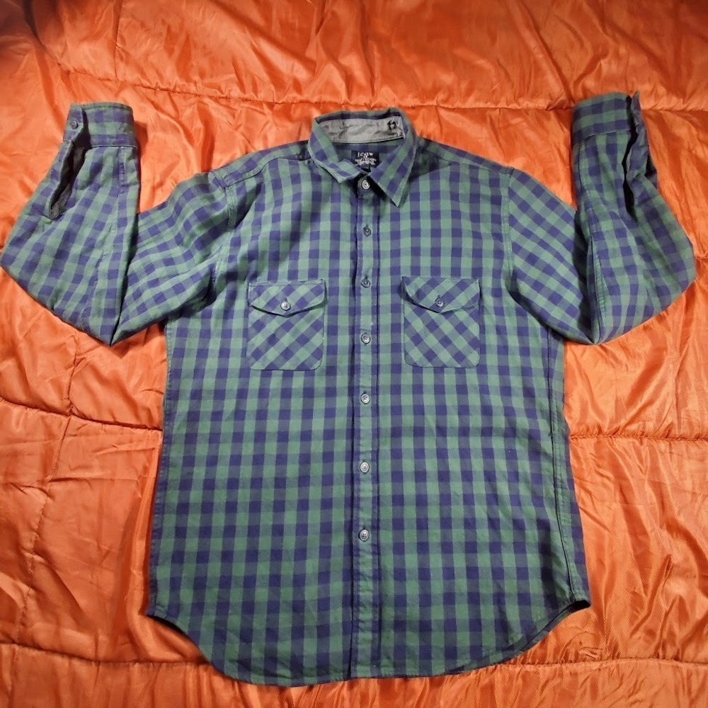 J.Crew Heavyweight Plaid Flannel Shirt‎ Men's Size Large Blue Green Long Sleeve